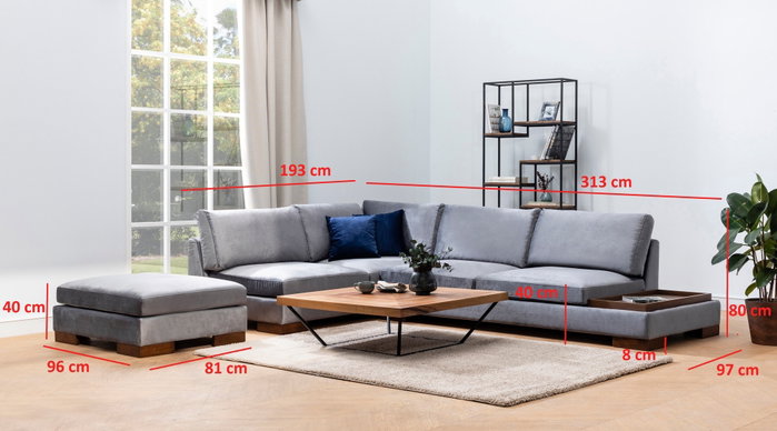 Atelier Del Sofa Sofá Esquinero Izquierdo sin Puf - Gris Oscuro - 193 cm x 313 cm